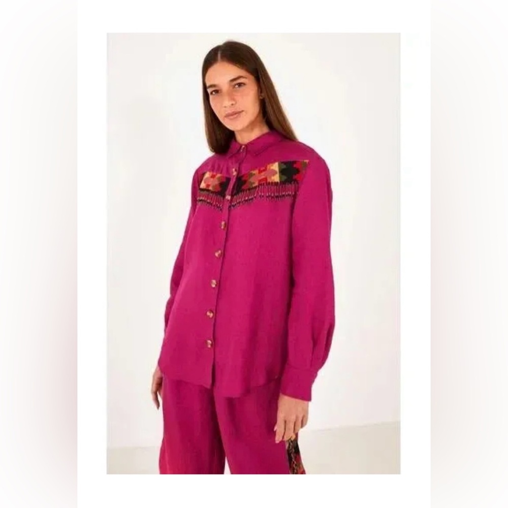 FARM RIO Pink Beaded Fringe Shirt | Size S | NWT